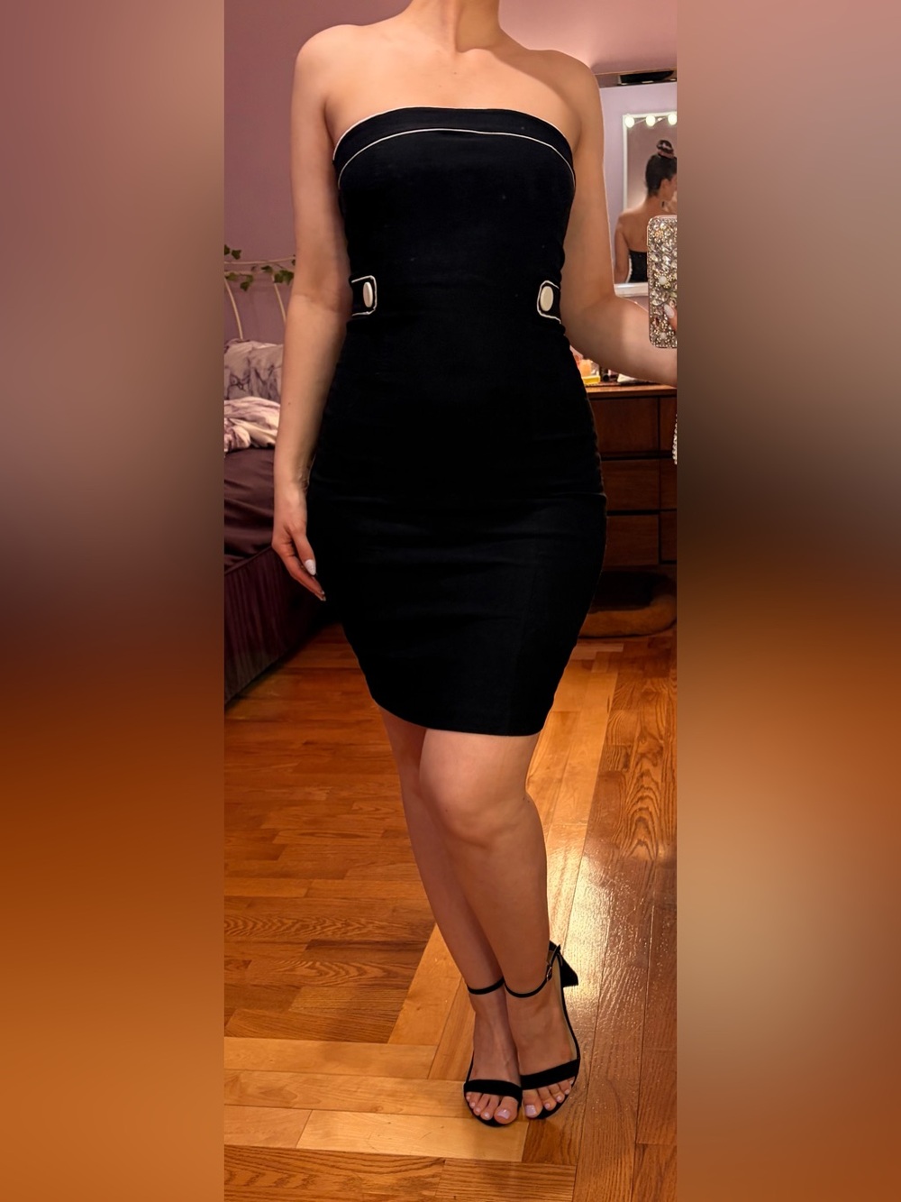 Black Strapless Mini Dress with Side Button Details